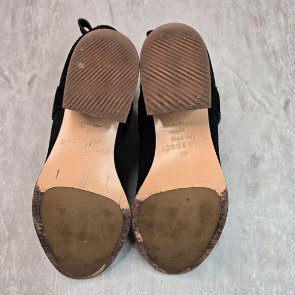 Kate Spade Moto Ankle Boots 8 Black Suede Low Block Heel Dressy Chic Bow Booties - Picture 7 of 13